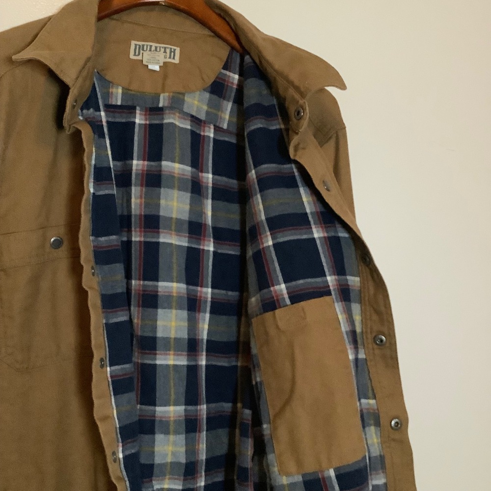 Duluth Trading Co Mens 2XL Brown Canvas Flannel Lined Snap Front Shirt Jacket EU
